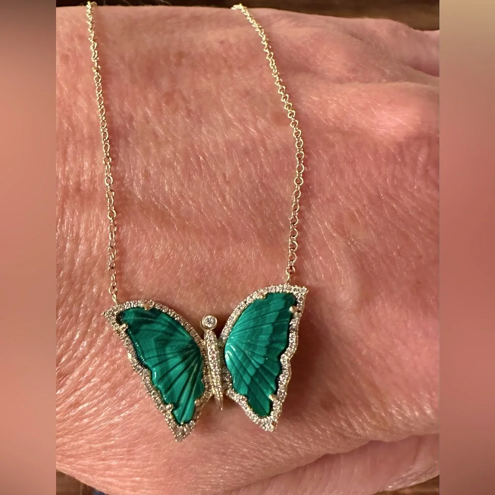 Luna Skye 14k Gold & Diamond Malachite baby butterfly necklace. - Picture 1 of 15